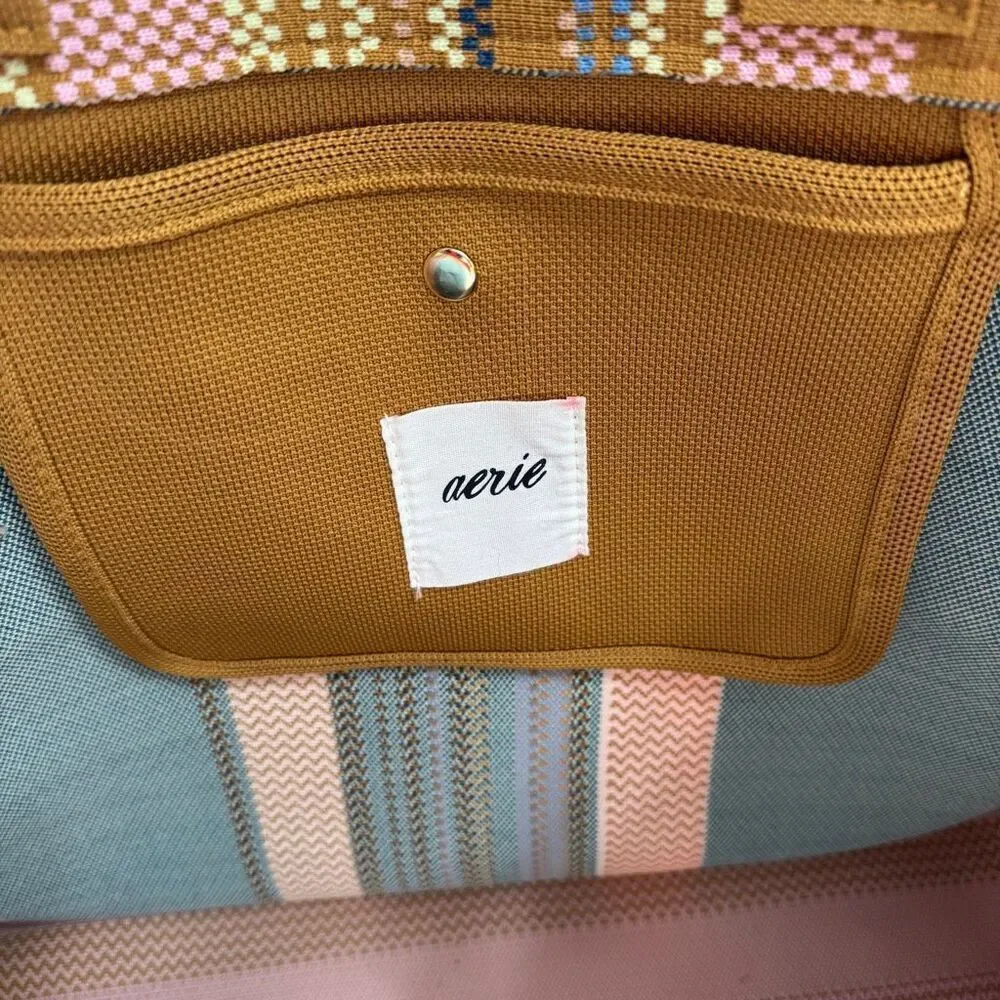 Aerie Large Beach Tote Mustard Yellow Multi Color Striped Accent Panel - Picture 7 of 9